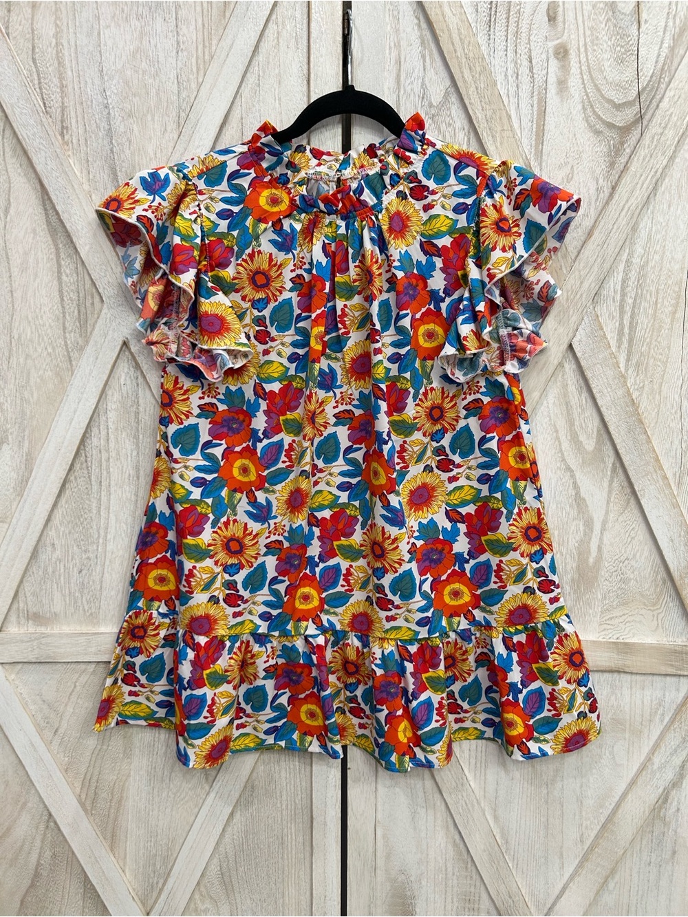 JODIFL Floral Ruffle Sleeve Tunic - Red, Yellow, Blue, Green